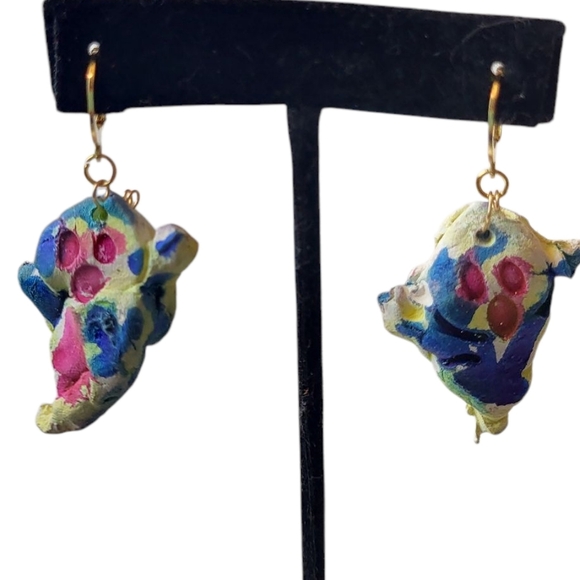 14K Gold Ghost Earrings – Pink Blue Yellow Air Dry Clay Handmade - Picture 2 of 3